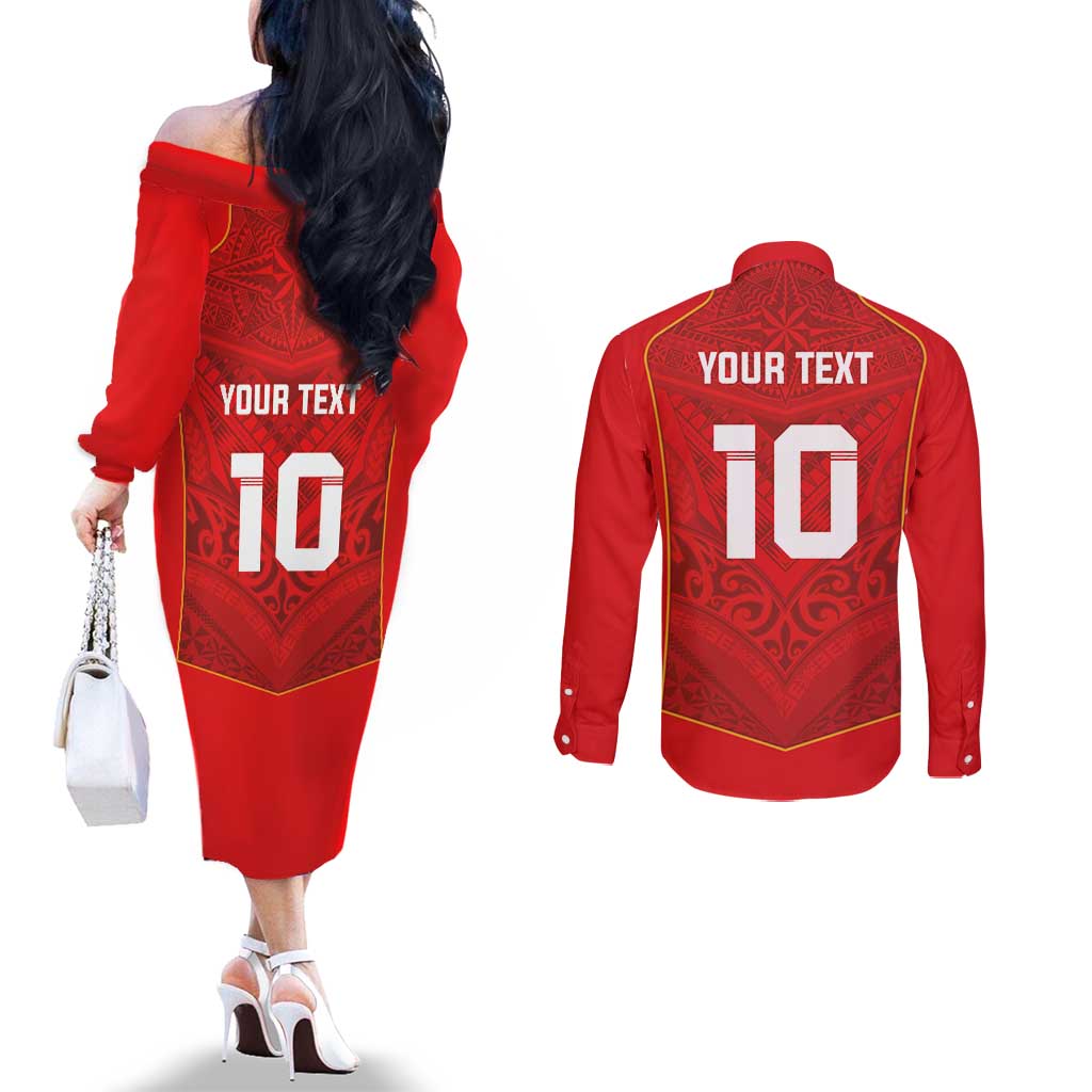 Custom Mate Ma'a Tonga Rugby Couples Matching Off The Shoulder Long Sleeve Dress and Long Sleeve Button Shirt Ngatu Tribal Motifs Sporty Style - Polynesian Pride