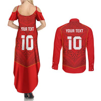 Custom Mate Ma'a Tonga Rugby Couples Matching Summer Maxi Dress and Long Sleeve Button Shirt Ngatu Tribal Motifs Sporty Style - Polynesian Pride