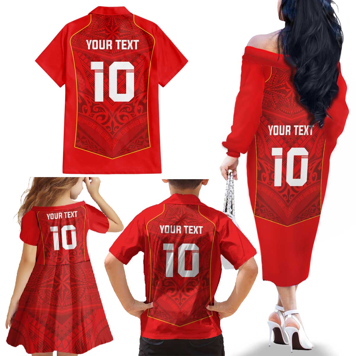 Custom Mate Ma'a Tonga Rugby Family Matching Off The Shoulder Long Sleeve Dress and Hawaiian Shirt Ngatu Tribal Motifs Sporty Style - Polynesian Pride