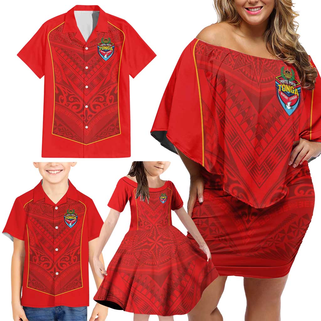 Custom Mate Ma'a Tonga Rugby Family Matching Off Shoulder Short Dress and Hawaiian Shirt Ngatu Tribal Motifs Sporty Style - Polynesian Pride
