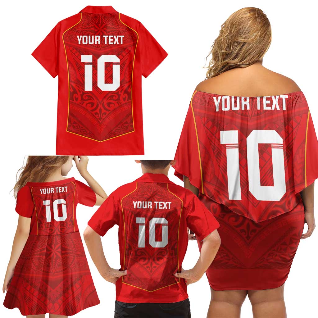 Custom Mate Ma'a Tonga Rugby Family Matching Off Shoulder Short Dress and Hawaiian Shirt Ngatu Tribal Motifs Sporty Style - Polynesian Pride