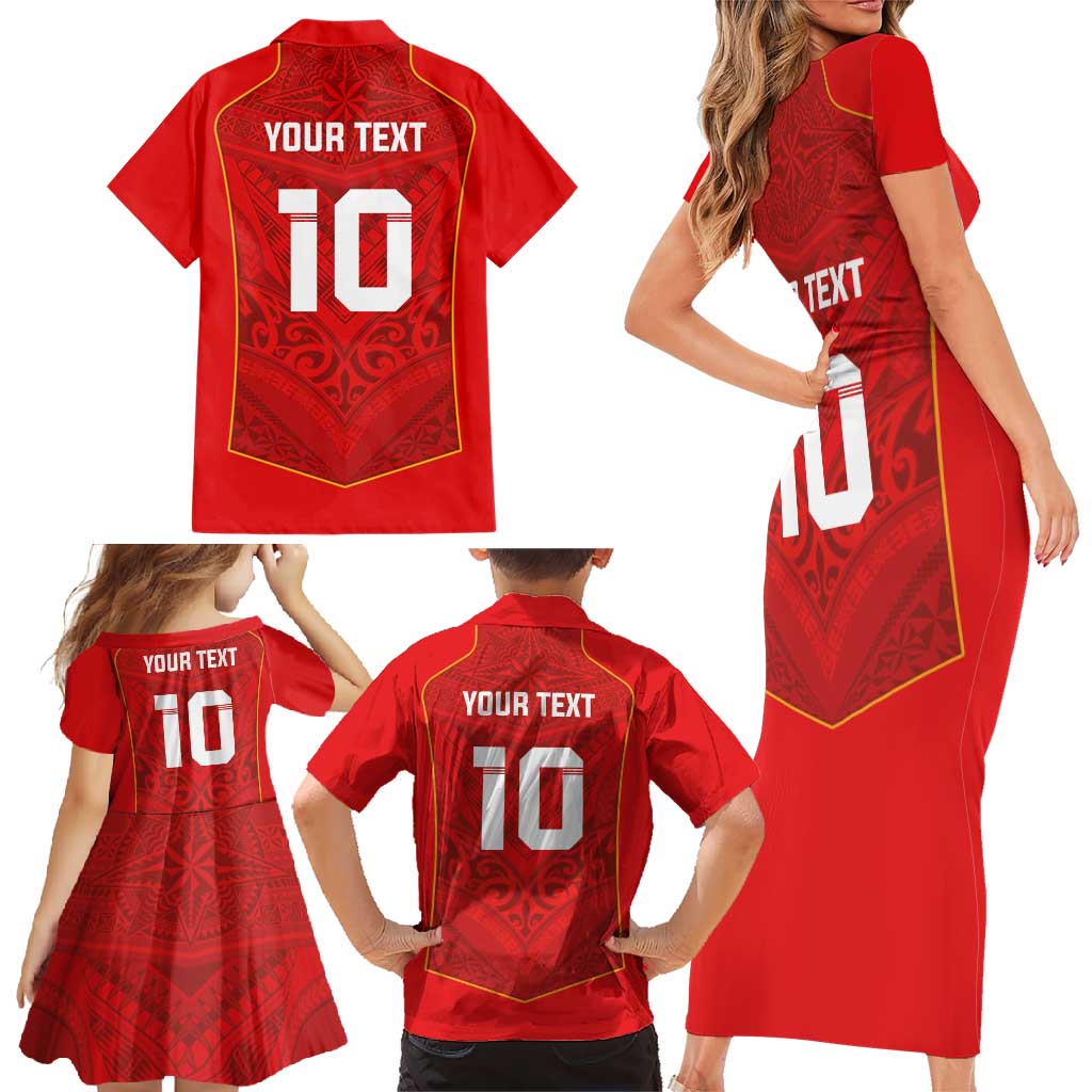 Custom Mate Ma'a Tonga Rugby Family Matching Short Sleeve Bodycon Dress and Hawaiian Shirt Ngatu Tribal Motifs Sporty Style - Polynesian Pride