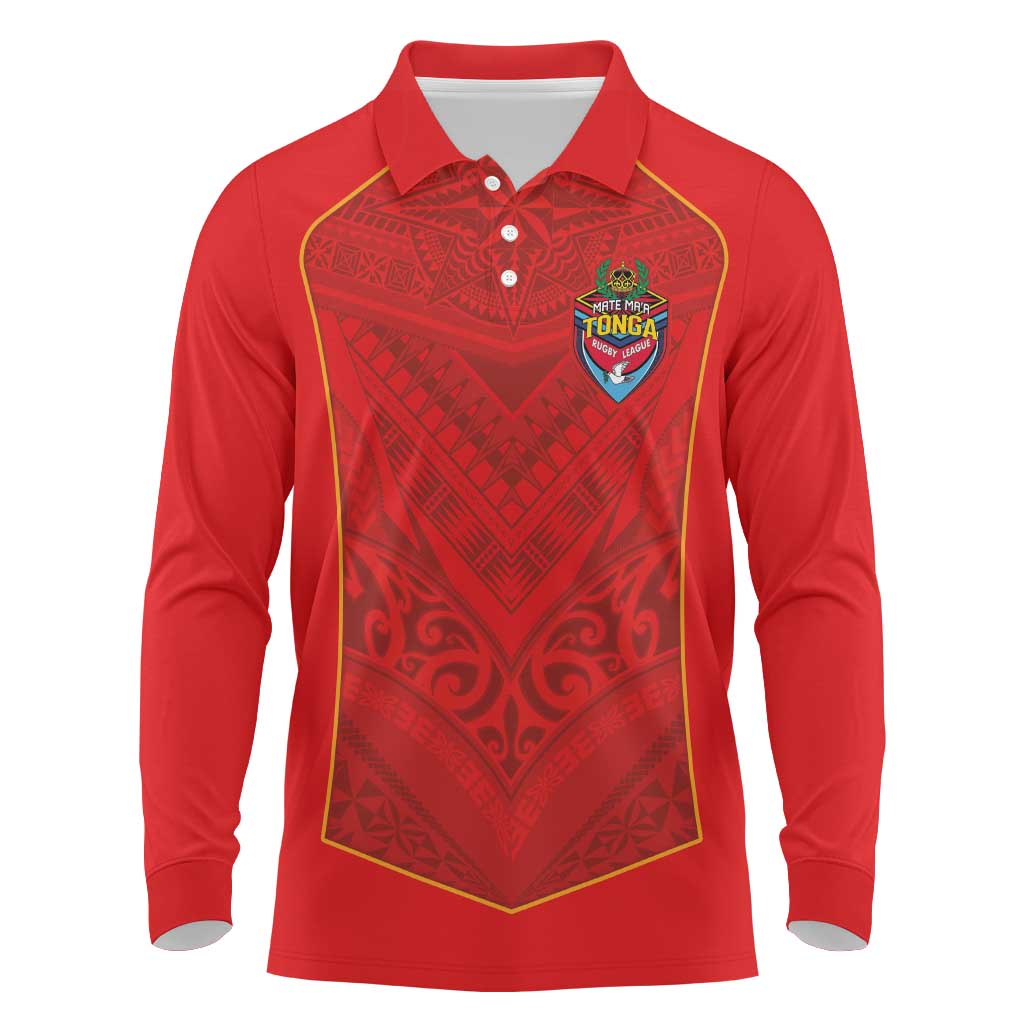 Custom Mate Ma'a Tonga Rugby Long Sleeve Polo Shirt Ngatu Tribal Motifs Sporty Style - Polynesian Pride