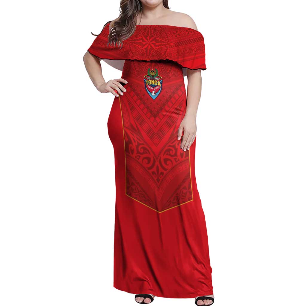Custom Mate Ma'a Tonga Rugby Off Shoulder Maxi Dress Ngatu Tribal Motifs Sporty Style - Polynesian Pride