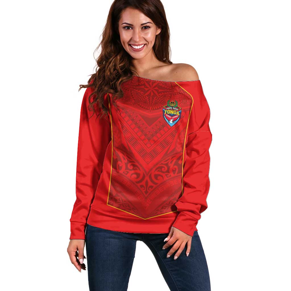 Custom Mate Ma'a Tonga Rugby Off Shoulder Sweater Ngatu Tribal Motifs Sporty Style - Polynesian Pride