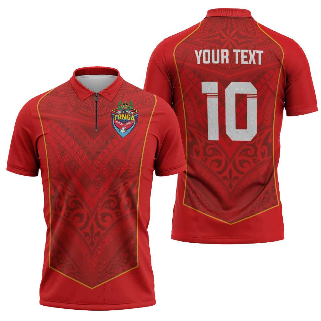 Custom Mate Ma'a Tonga Rugby Zipper Polo Shirt Ngatu Tribal Motifs Sporty Style - Polynesian Pride