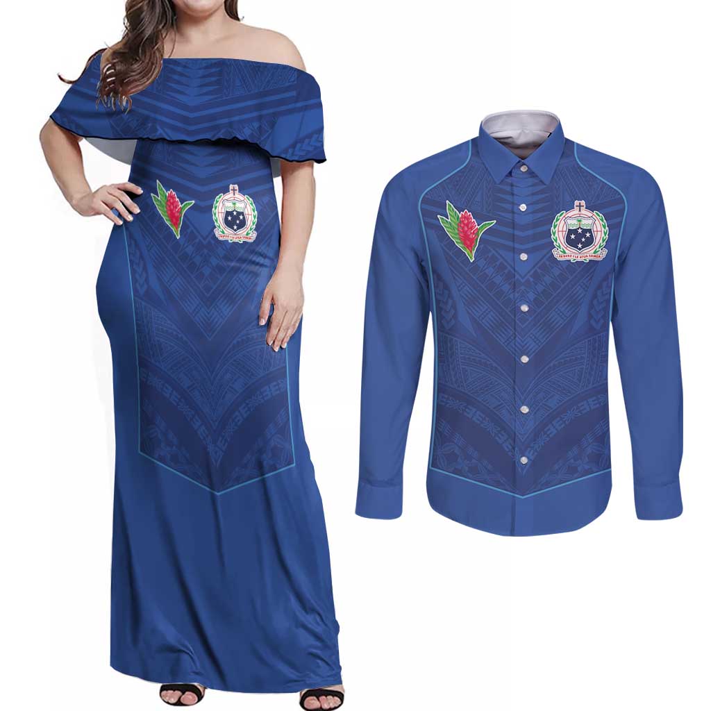 Custom Samoa Rugby Couples Matching Off Shoulder Maxi Dress and Long Sleeve Button Shirt Tatau Tribal Motifs Sporty Style - Polynesian Pride