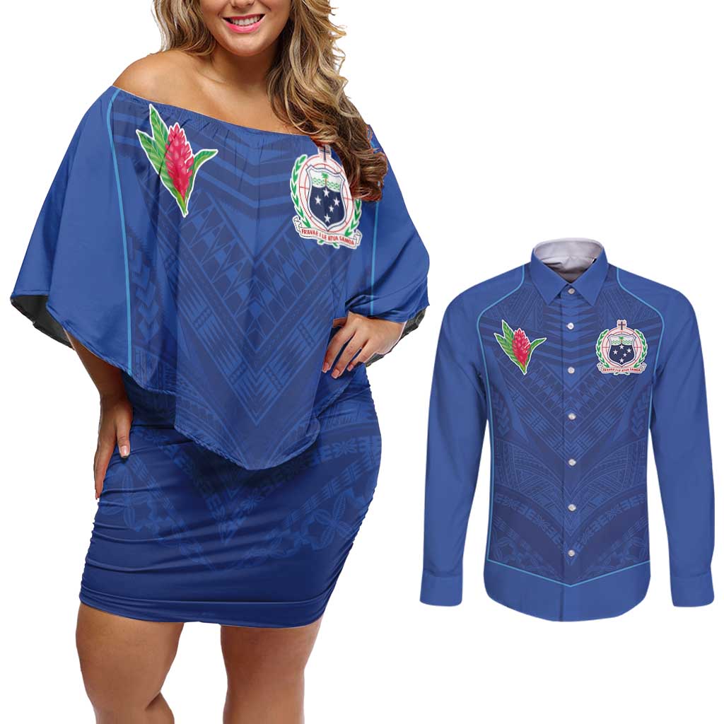 Custom Samoa Rugby Couples Matching Off Shoulder Short Dress and Long Sleeve Button Shirt Tatau Tribal Motifs Sporty Style - Polynesian Pride