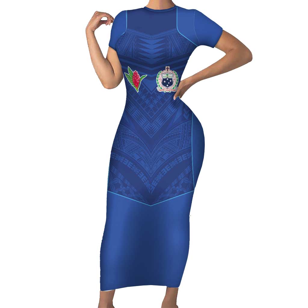 Custom Samoa Rugby Short Sleeve Bodycon Dress Tatau Tribal Motifs Sporty Style - Polynesian Pride