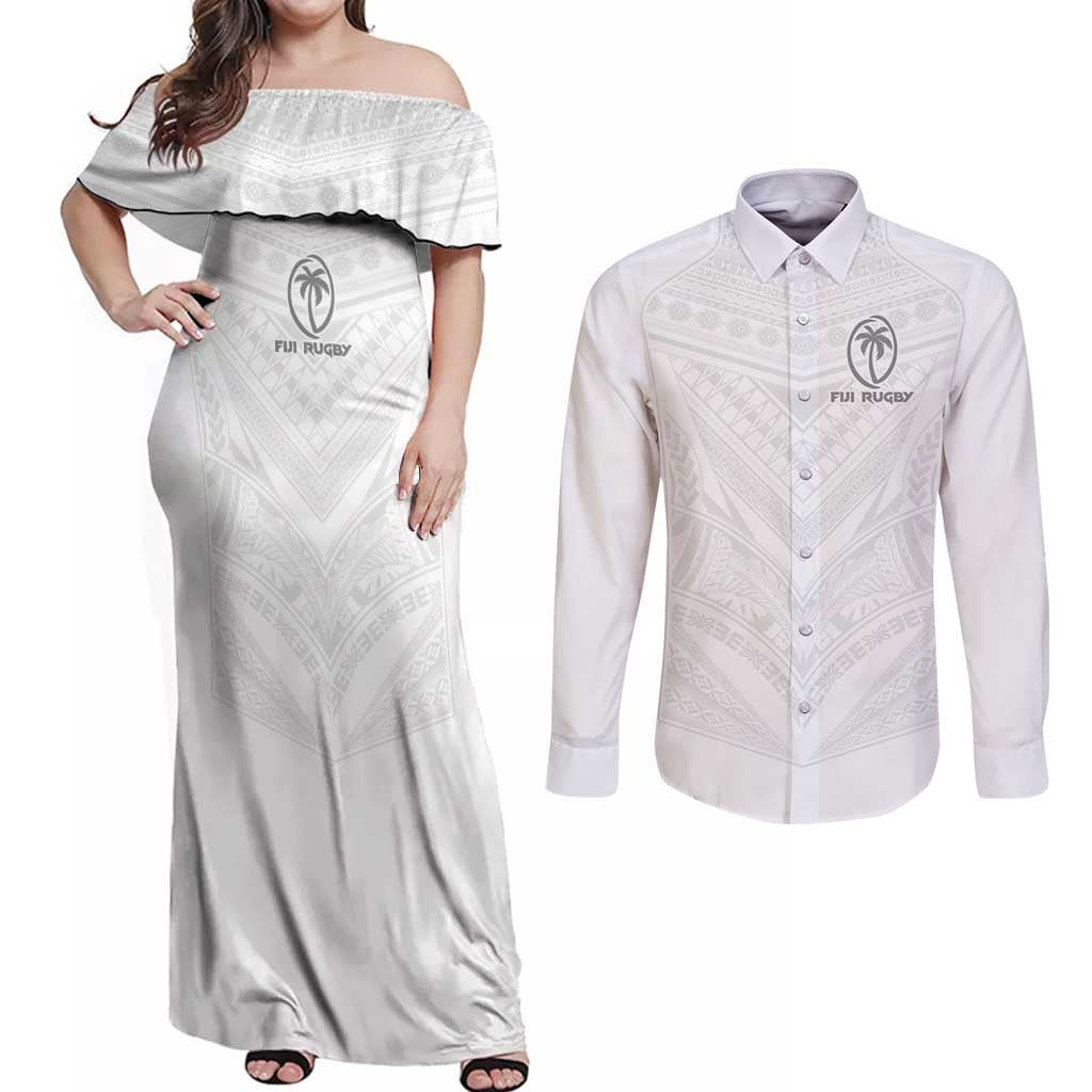 Custom Fiji Rugby Couples Matching Off Shoulder Maxi Dress and Long Sleeve Button Shirt Tapa Tribal Motifs Sporty Style - Polynesian Pride
