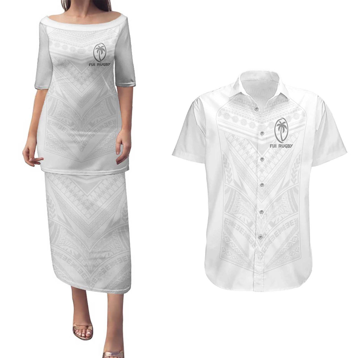 Custom Fiji Rugby Couples Matching Puletasi and Hawaiian Shirt Tapa Tribal Motifs Sporty Style - Polynesian Pride