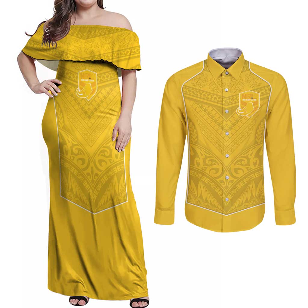 Custom Niue Rugby Couples Matching Off Shoulder Maxi Dress and Long Sleeve Button Shirt Hiapo Tribal Motifs Sporty Style - Polynesian Pride