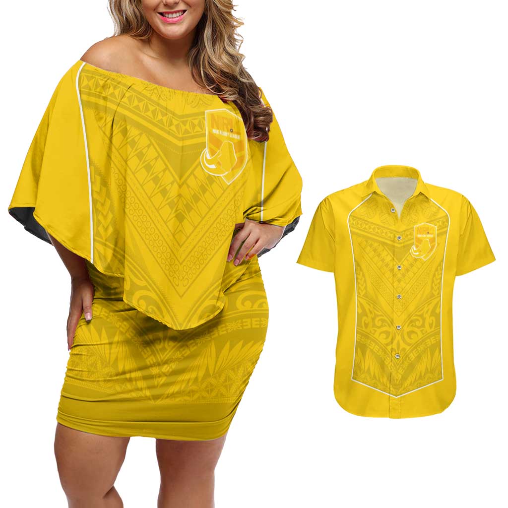 Custom Niue Rugby Couples Matching Off Shoulder Short Dress and Hawaiian Shirt Hiapo Tribal Motifs Sporty Style - Polynesian Pride