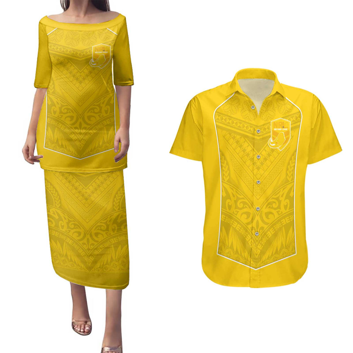 Custom Niue Rugby Couples Matching Puletasi and Hawaiian Shirt Hiapo Tribal Motifs Sporty Style LT03 Yellow - Polynesian Pride