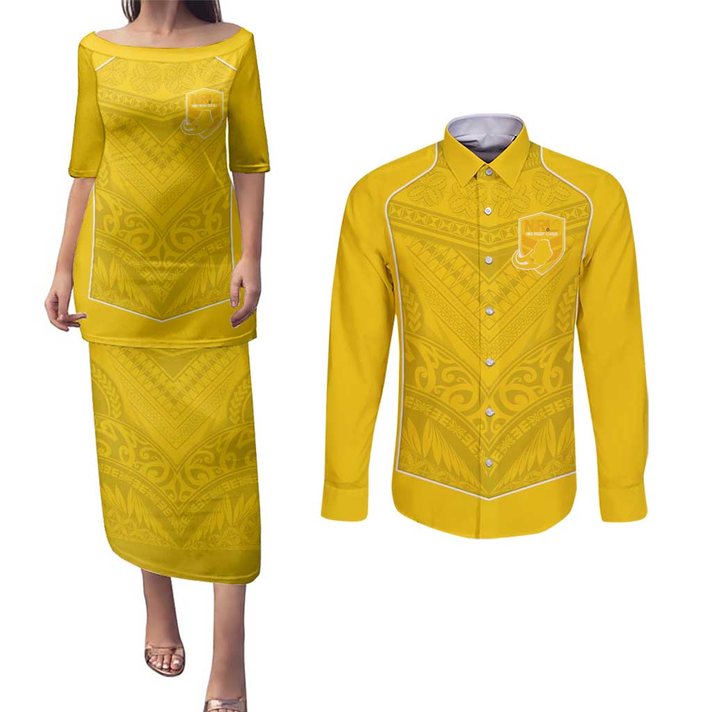 Custom Niue Rugby Couples Matching Puletasi and Long Sleeve Button Shirt Hiapo Tribal Motifs Sporty Style - Polynesian Pride
