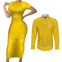 Custom Niue Rugby Couples Matching Short Sleeve Bodycon Dress and Long Sleeve Button Shirt Hiapo Tribal Motifs Sporty Style - Polynesian Pride