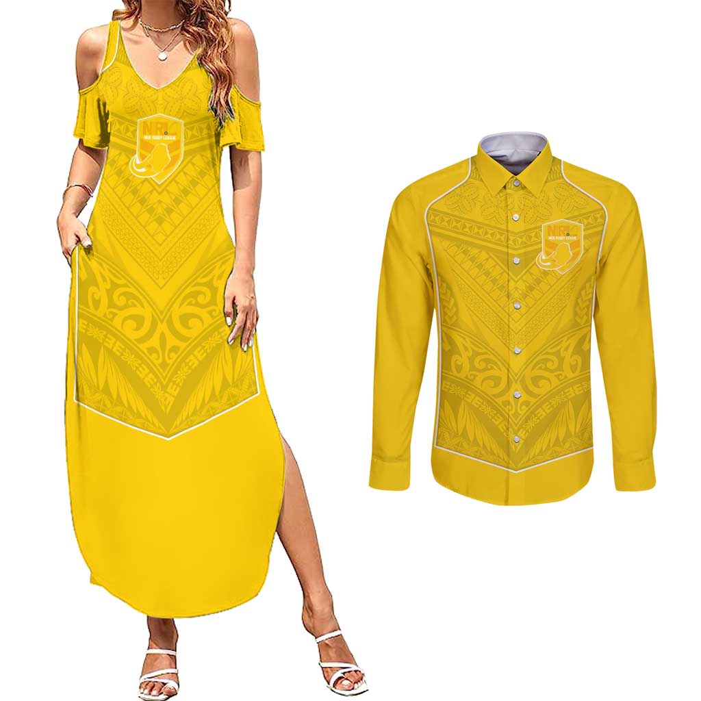 Custom Niue Rugby Couples Matching Summer Maxi Dress and Long Sleeve Button Shirt Hiapo Tribal Motifs Sporty Style - Polynesian Pride