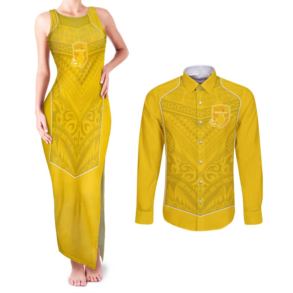 Custom Niue Rugby Couples Matching Tank Maxi Dress and Long Sleeve Button Shirt Hiapo Tribal Motifs Sporty Style - Polynesian Pride