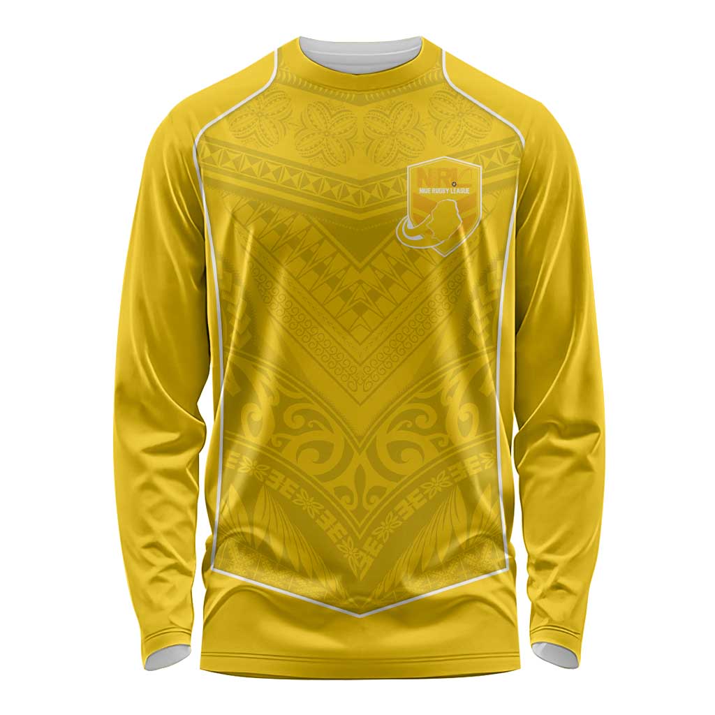 Custom Niue Rugby Long Sleeve Shirt Hiapo Tribal Motifs Sporty Style LT03 Unisex Yellow - Polynesian Pride
