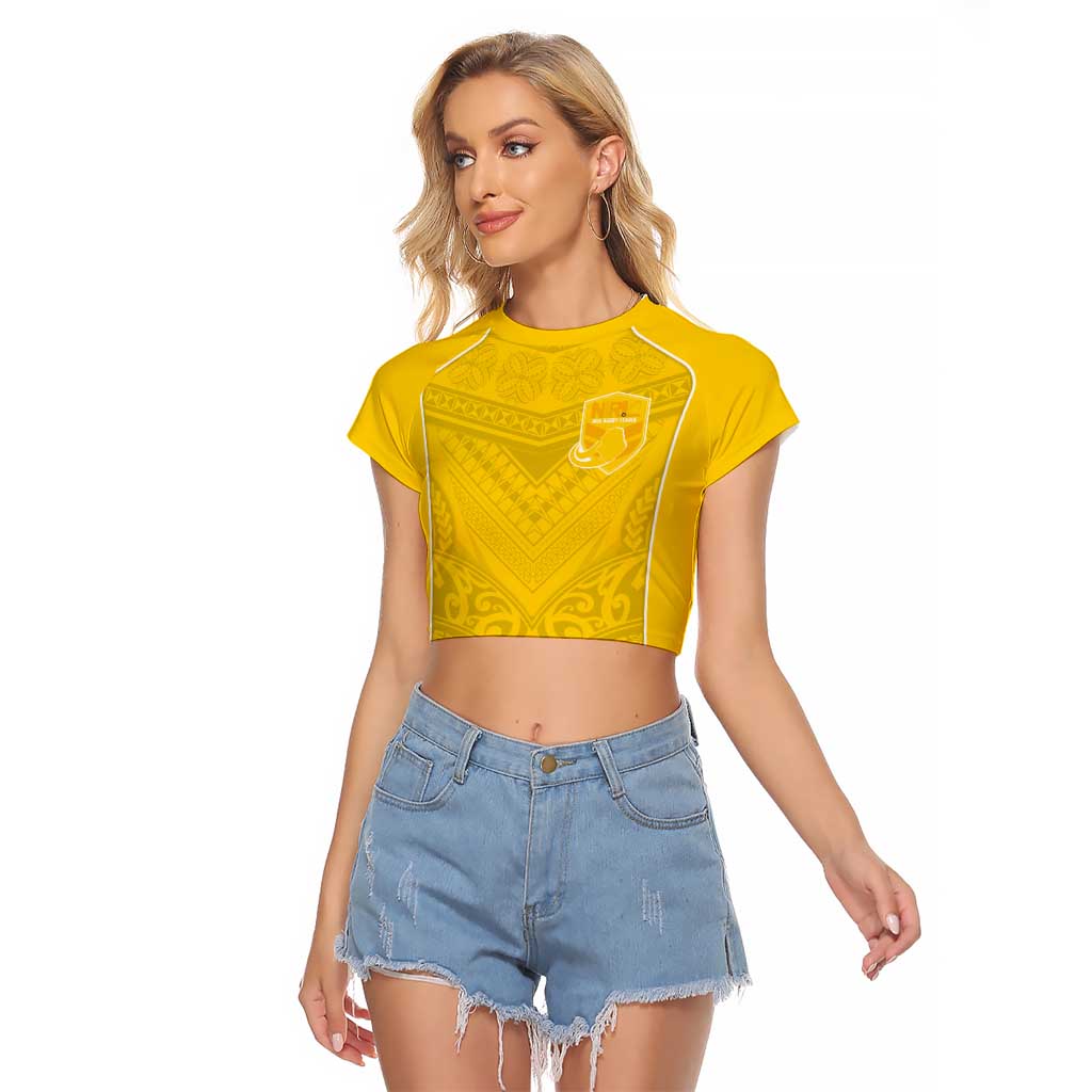 Custom Niue Rugby Raglan Cropped T Shirt Hiapo Tribal Motifs Sporty Style - Polynesian Pride