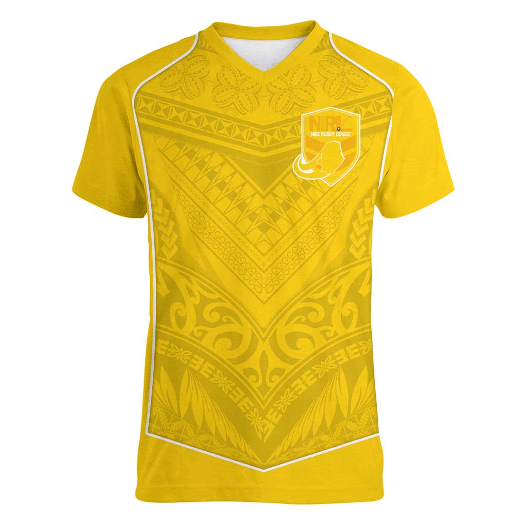 Custom Niue Rugby Women V-Neck T-Shirt Hiapo Tribal Motifs Sporty Style - Polynesian Pride