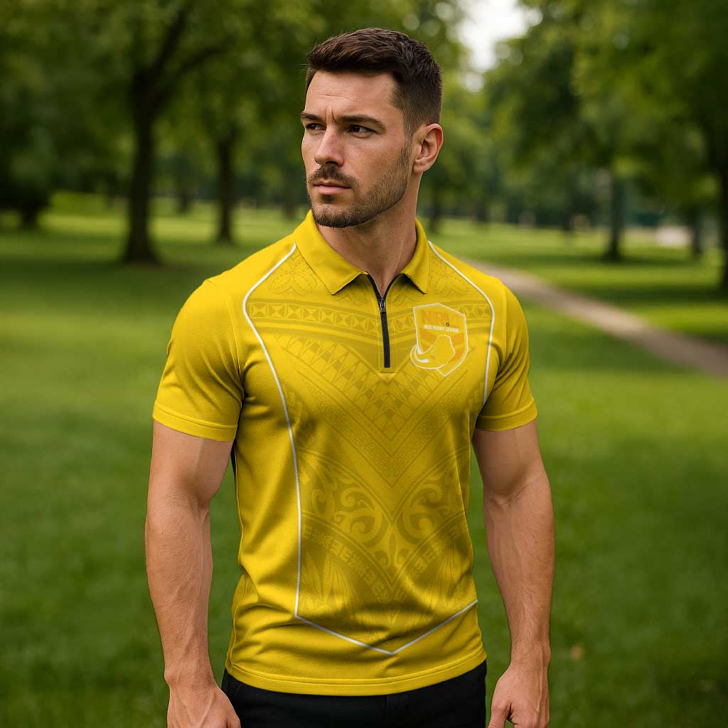 Custom Niue Rugby Zipper Polo Shirt Hiapo Tribal Motifs Sporty Style LT03 - Polynesian Pride