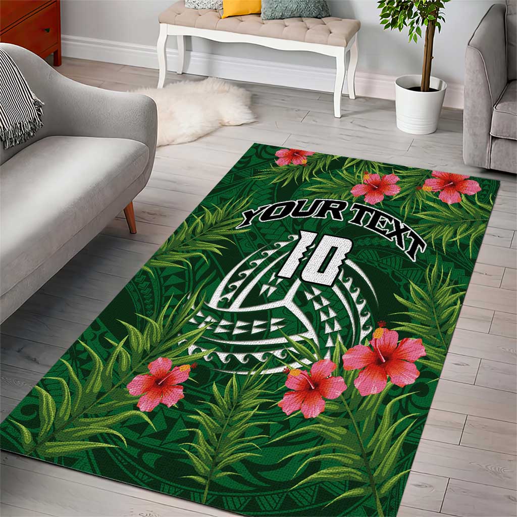Custom Hawaii Volleyball Area Rug Kakau Abstract and Tropical Plants Green Color - Polynesian Pride