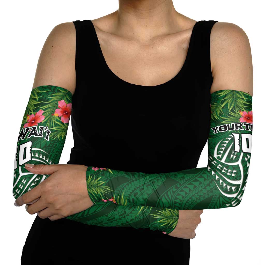 Custom Hawaii Volleyball Arm Sleeves Kakau Abstract and Tropical Plants Green Color - Polynesian Pride