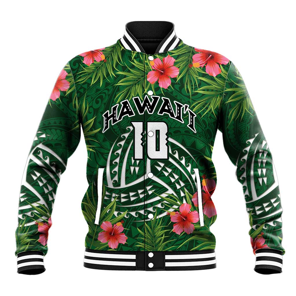 Custom Hawaii Volleyball Baseball Jacket Kakau Abstract and Tropical Plants Green Color - Polynesian Pride