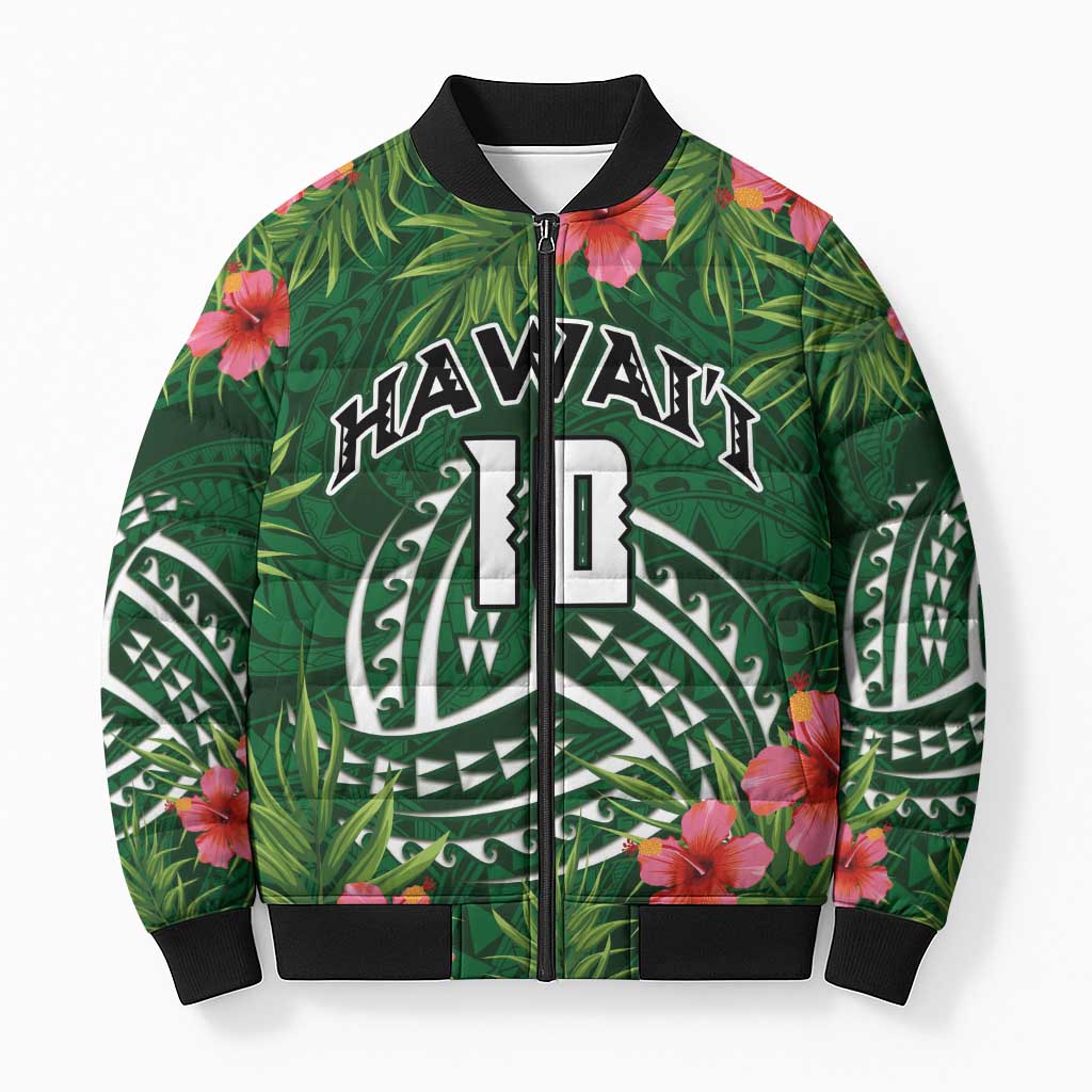 Custom Hawaii Volleyball Bomber Puffer Jacket Kakau Abstract and Tropical Plants Green Color - Polynesian Pride
