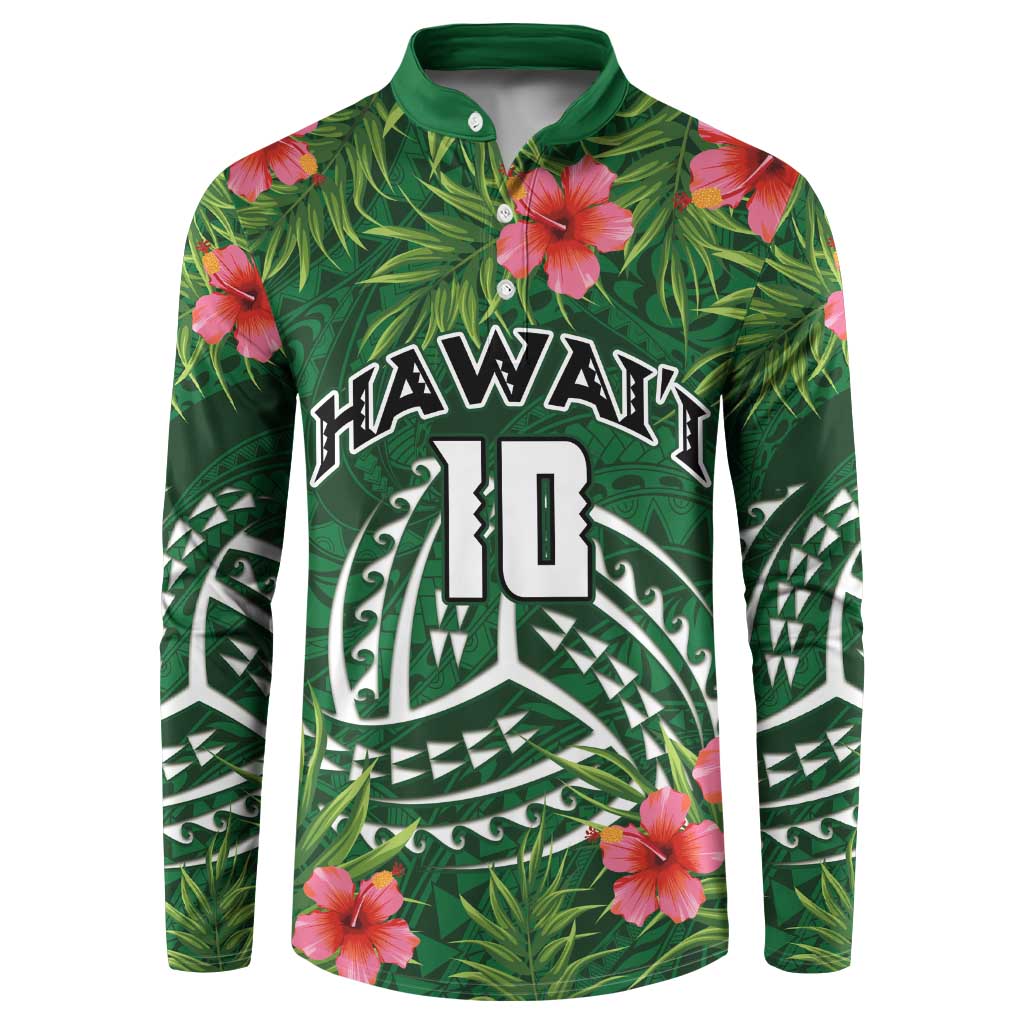 Custom Hawaii Volleyball Button Sweatshirt Kakau Abstract and Tropical Plants Green Color - Polynesian Pride