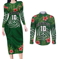 Custom Hawaii Volleyball Couples Matching Long Sleeve Bodycon Dress and Long Sleeve Button Shirt Kakau Abstract and Tropical Plants Green Color - Polynesian Pride