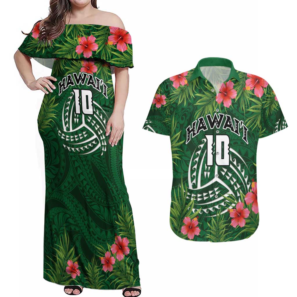 Custom Hawaii Volleyball Couples Matching Off Shoulder Maxi Dress and Hawaiian Shirt Kakau Abstract and Tropical Plants Green Color - Polynesian Pride