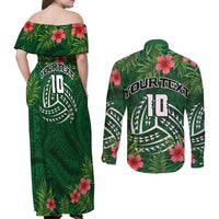 Custom Hawaii Volleyball Couples Matching Off Shoulder Maxi Dress and Long Sleeve Button Shirt Kakau Abstract and Tropical Plants Green Color - Polynesian Pride