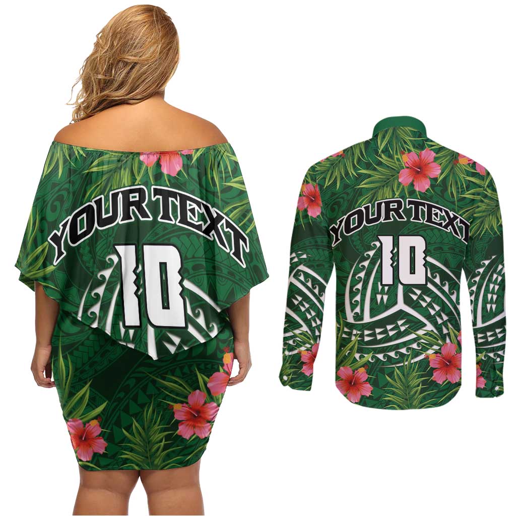 Custom Hawaii Volleyball Couples Matching Off Shoulder Short Dress and Long Sleeve Button Shirt Kakau Abstract and Tropical Plants Green Color - Polynesian Pride