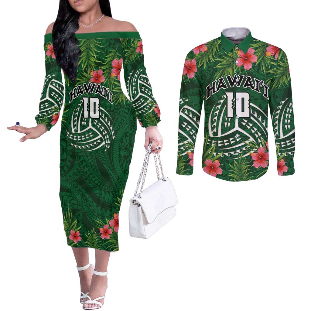 Custom Hawaii Volleyball Couples Matching Off The Shoulder Long Sleeve Dress and Long Sleeve Button Shirt Kakau Abstract and Tropical Plants Green Color - Polynesian Pride