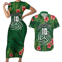 Custom Hawaii Volleyball Couples Matching Short Sleeve Bodycon Dress and Hawaiian Shirt Kakau Abstract and Tropical Plants Green Color - Polynesian Pride