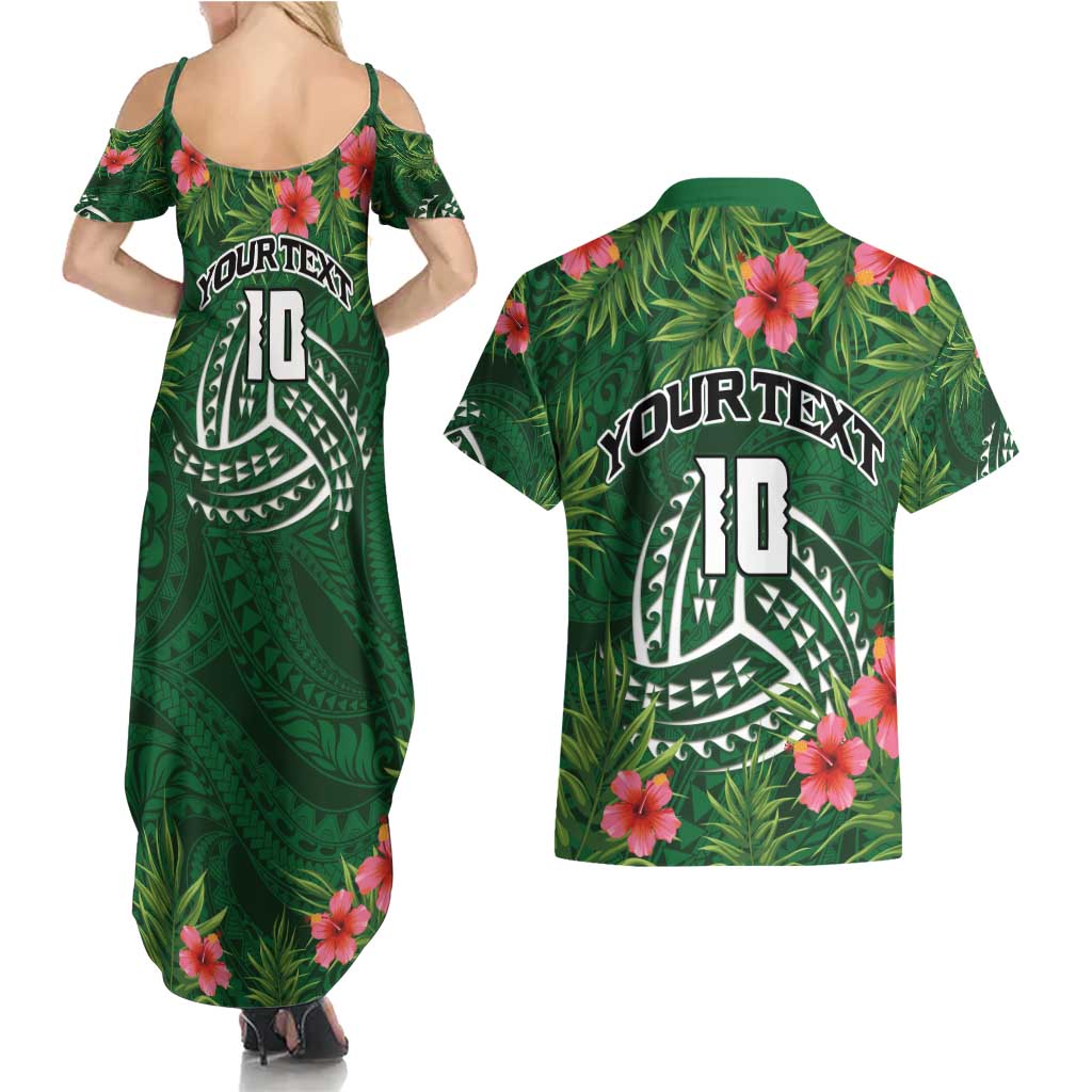 Custom Hawaii Volleyball Couples Matching Summer Maxi Dress and Hawaiian Shirt Kakau Abstract and Tropical Plants Green Color - Polynesian Pride