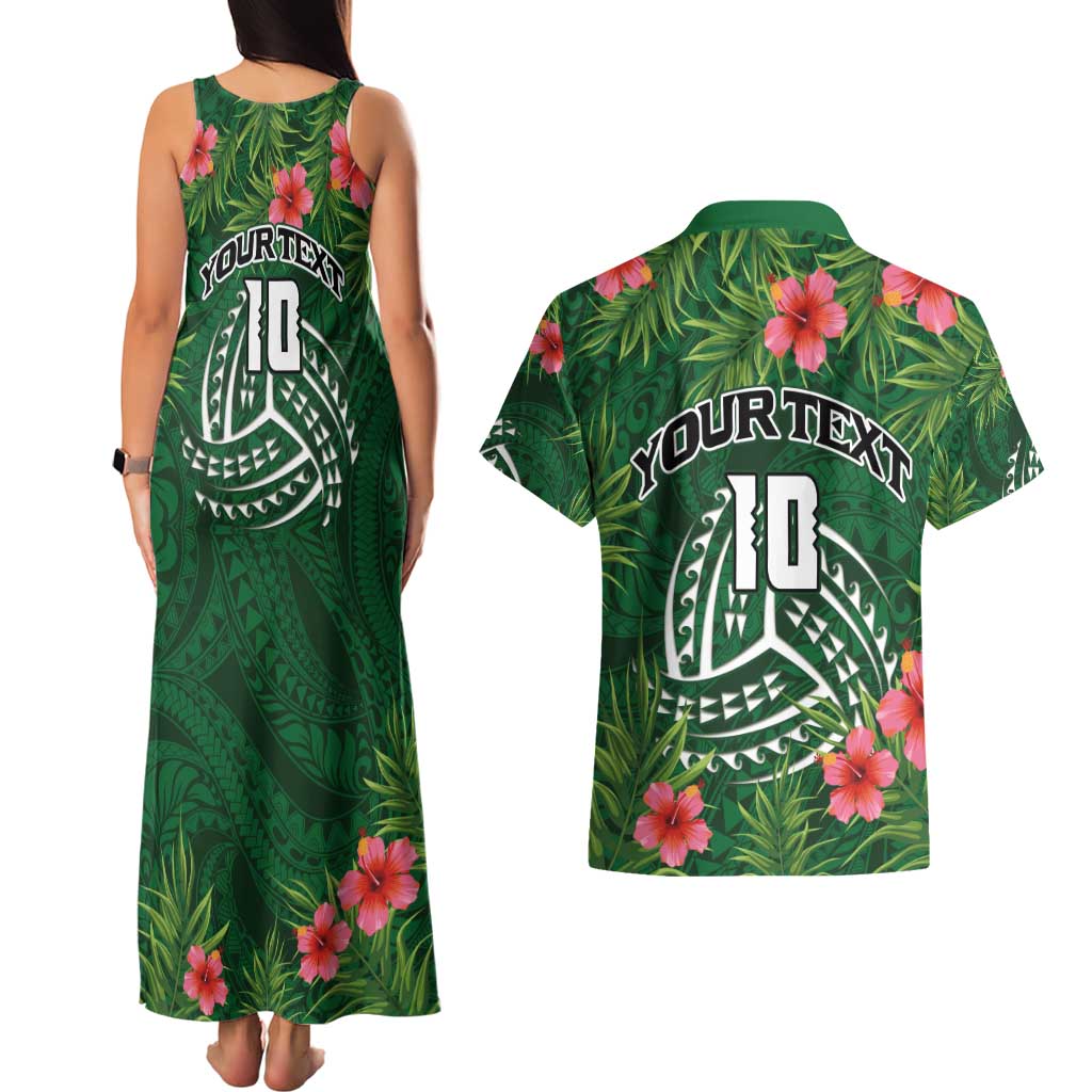 Custom Hawaii Volleyball Couples Matching Tank Maxi Dress and Hawaiian Shirt Kakau Abstract and Tropical Plants Green Color - Polynesian Pride