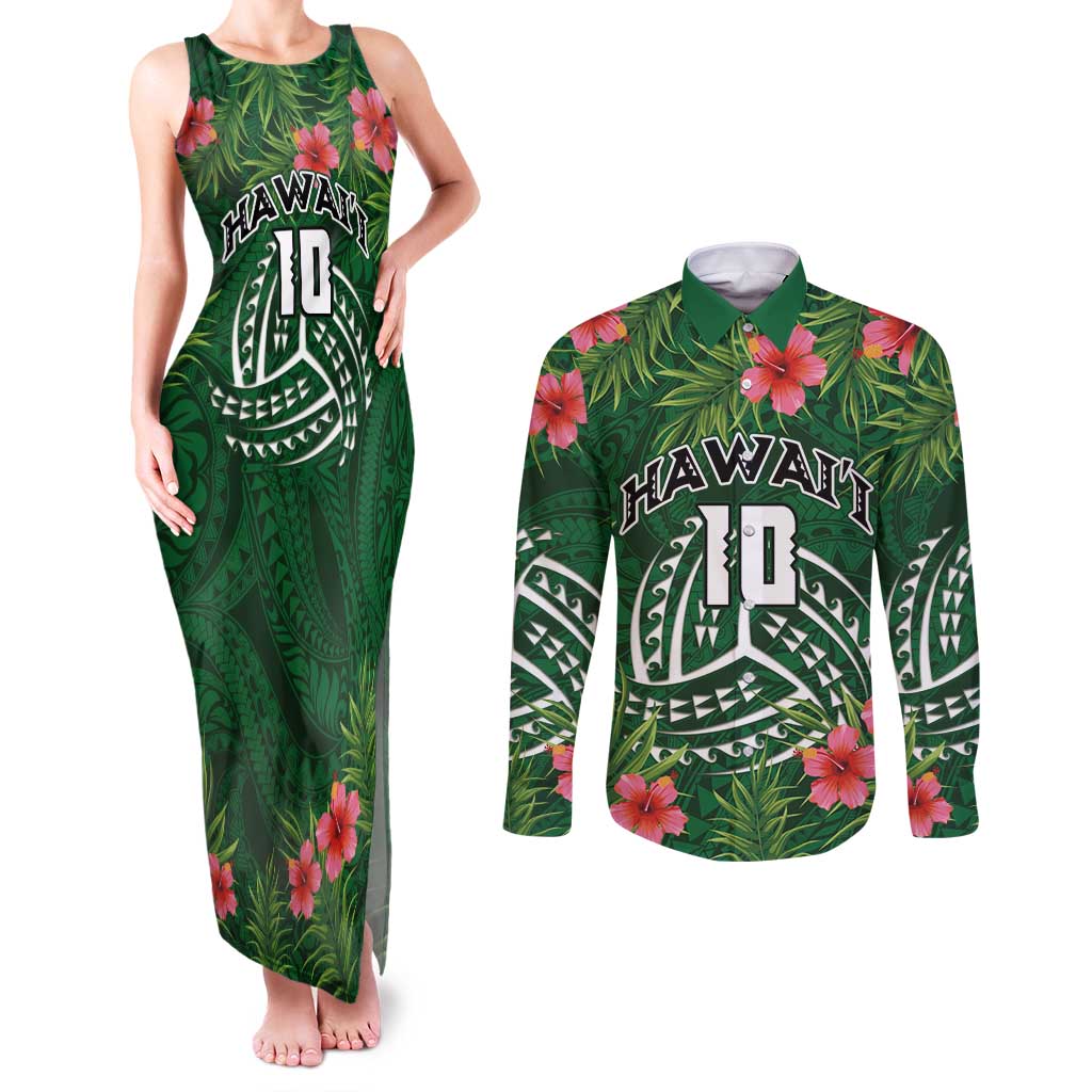 Custom Hawaii Volleyball Couples Matching Tank Maxi Dress and Long Sleeve Button Shirt Kakau Abstract and Tropical Plants Green Color - Polynesian Pride