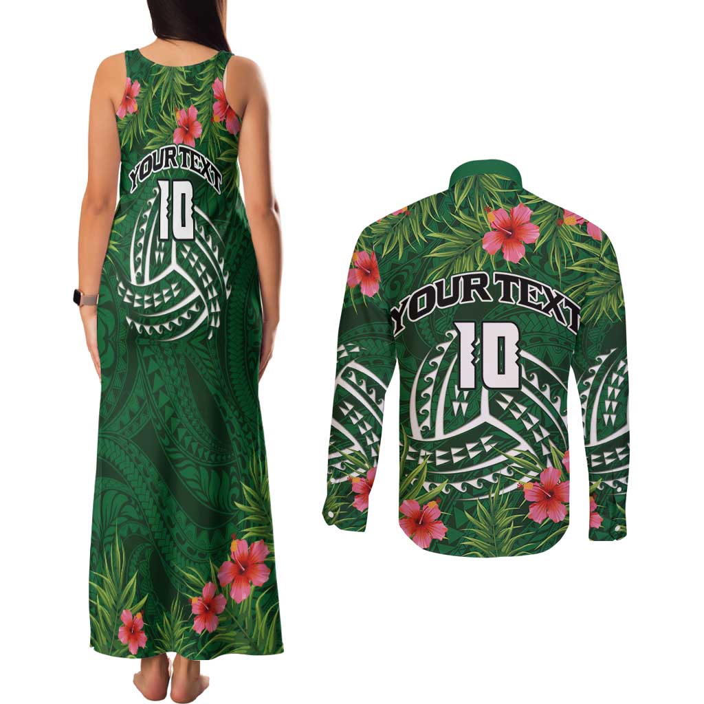 Custom Hawaii Volleyball Couples Matching Tank Maxi Dress and Long Sleeve Button Shirt Kakau Abstract and Tropical Plants Green Color - Polynesian Pride