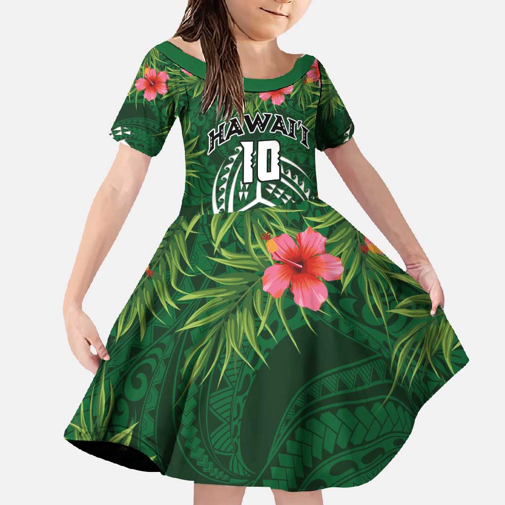 Custom Hawaii Volleyball Family Matching Long Sleeve Bodycon Dress and Hawaiian Shirt Kakau Abstract and Tropical Plants Green Color - Polynesian Pride