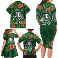 Custom Hawaii Volleyball Family Matching Long Sleeve Bodycon Dress and Hawaiian Shirt Kakau Abstract and Tropical Plants Green Color - Polynesian Pride