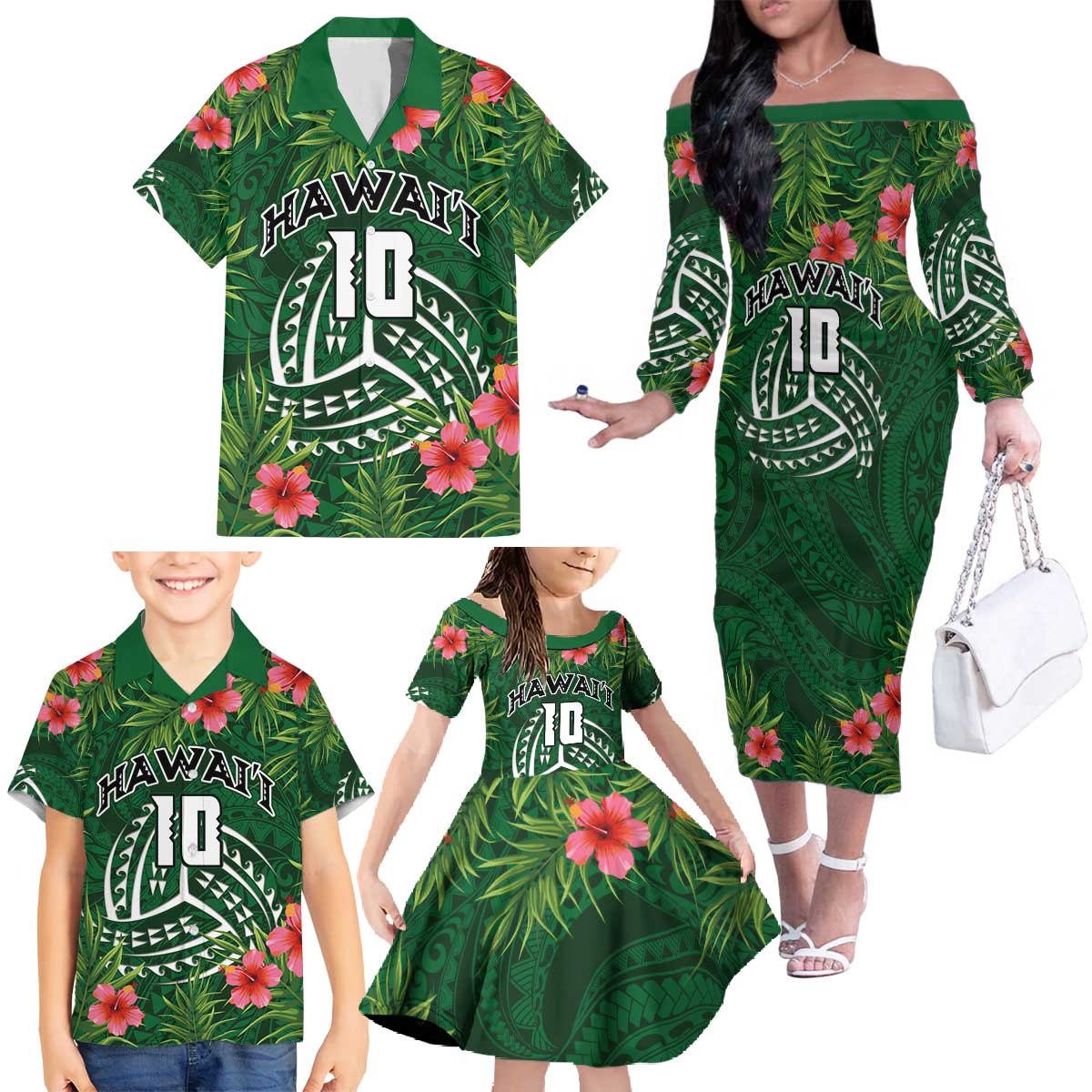 Custom Hawaii Volleyball Family Matching Off The Shoulder Long Sleeve Dress and Hawaiian Shirt Kakau Abstract and Tropical Plants Green Color - Polynesian Pride