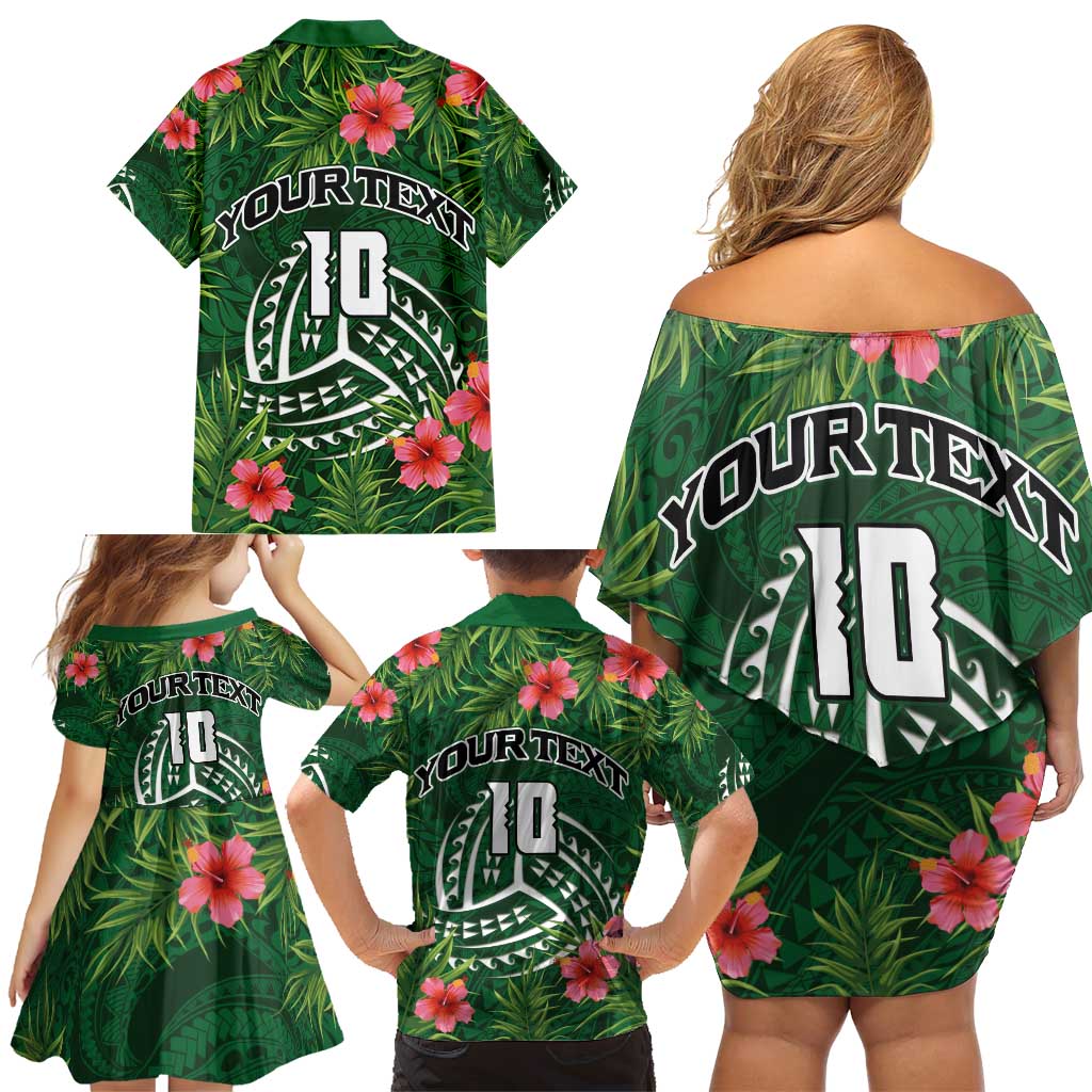 Custom Hawaii Volleyball Family Matching Off Shoulder Short Dress and Hawaiian Shirt Kakau Abstract and Tropical Plants Green Color - Polynesian Pride