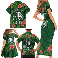 Custom Hawaii Volleyball Family Matching Short Sleeve Bodycon Dress and Hawaiian Shirt Kakau Abstract and Tropical Plants Green Color - Polynesian Pride