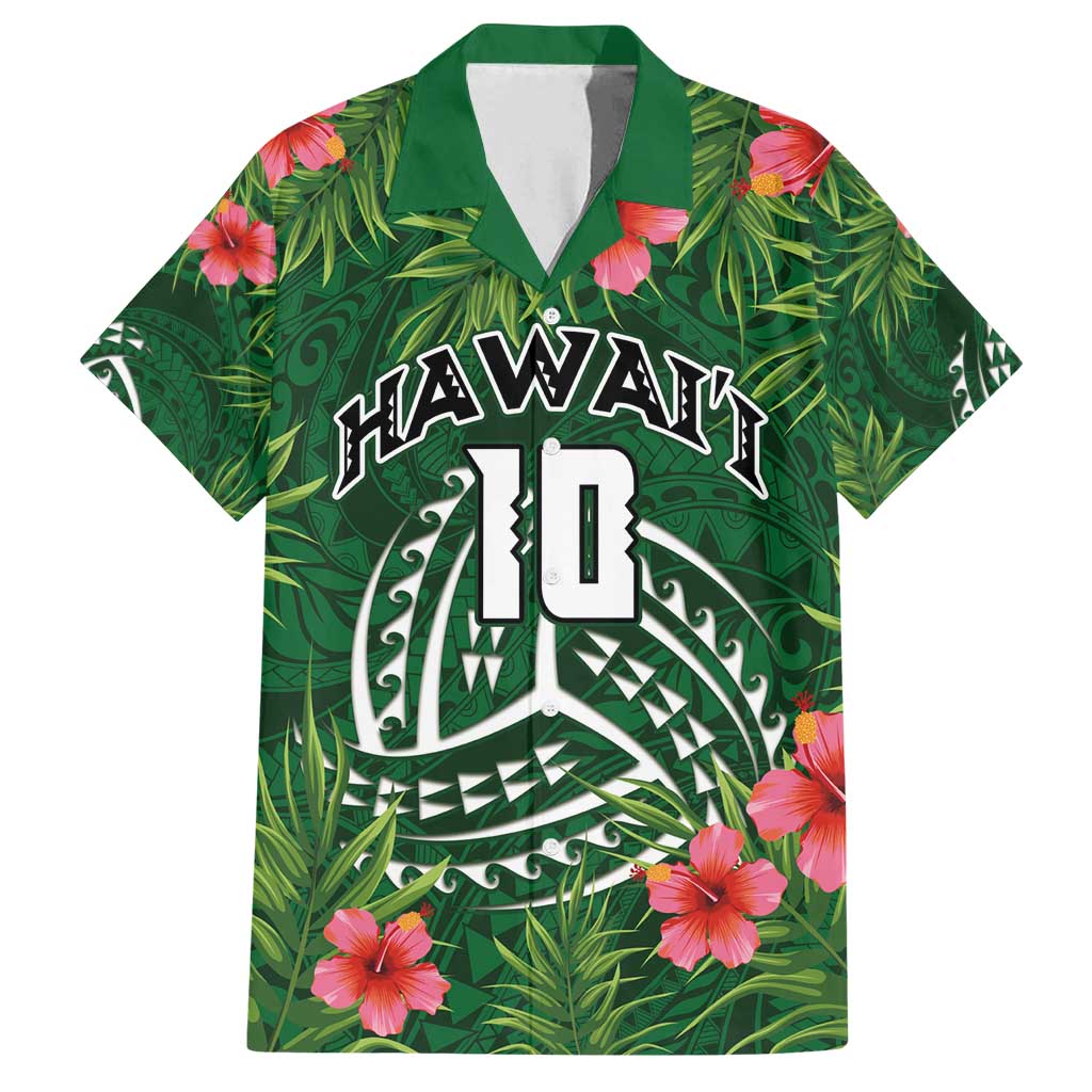 Custom Hawaii Volleyball Family Matching Tank Maxi Dress and Hawaiian Shirt Kakau Abstract and Tropical Plants Green Color - Polynesian Pride