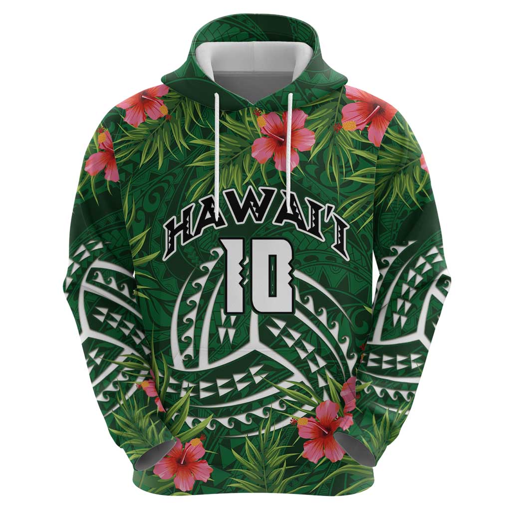 Custom Hawaii Volleyball Hoodie Kakau Abstract and Tropical Plants Green Color - Polynesian Pride