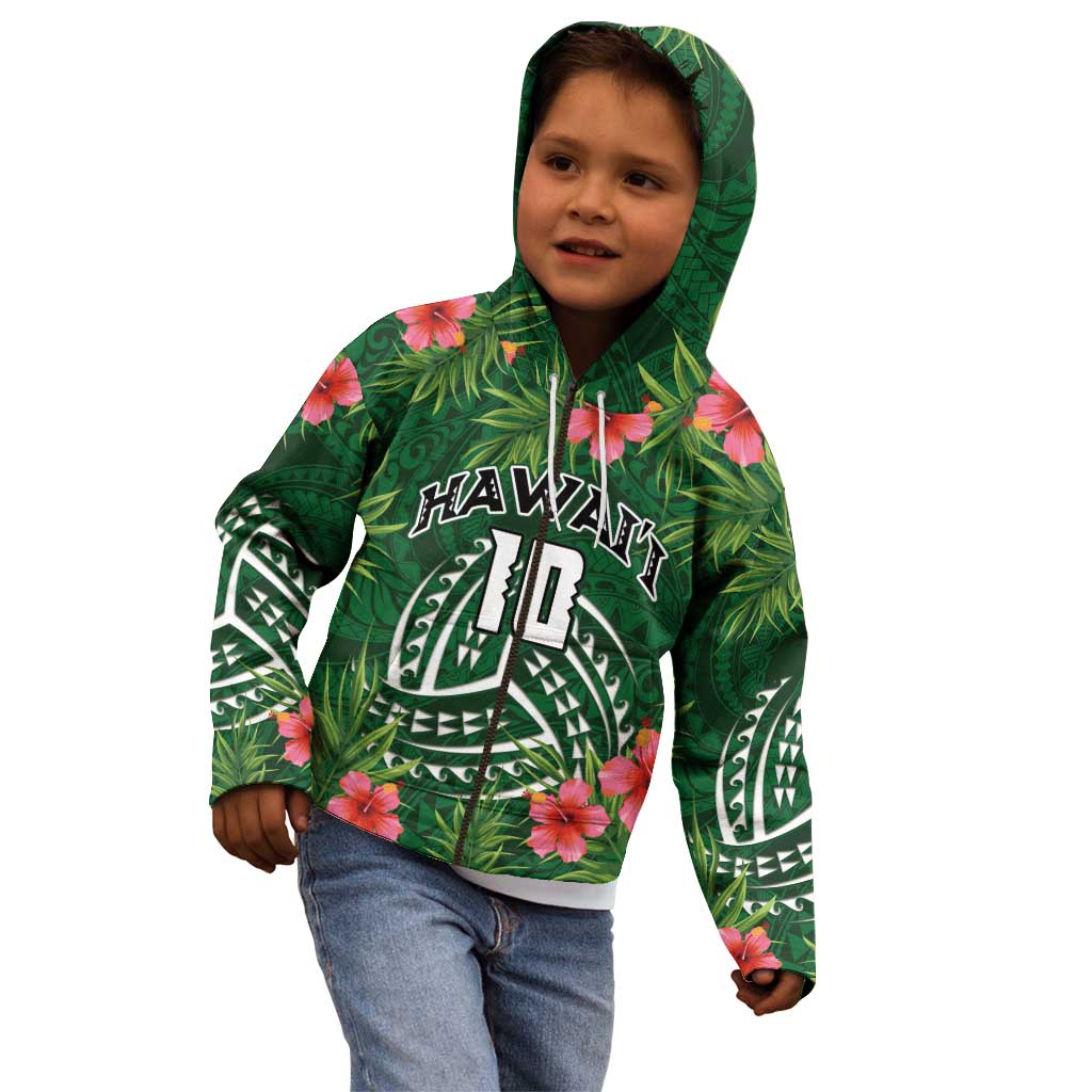 Custom Hawaii Volleyball Kid Hoodie Kakau Abstract and Tropical Plants Green Color - Polynesian Pride