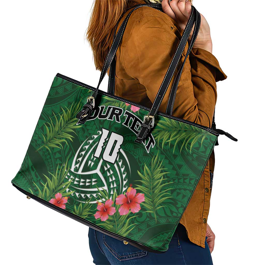 Custom Hawaii Volleyball Leather Tote Bag Kakau Abstract and Tropical Plants Green Color - Polynesian Pride